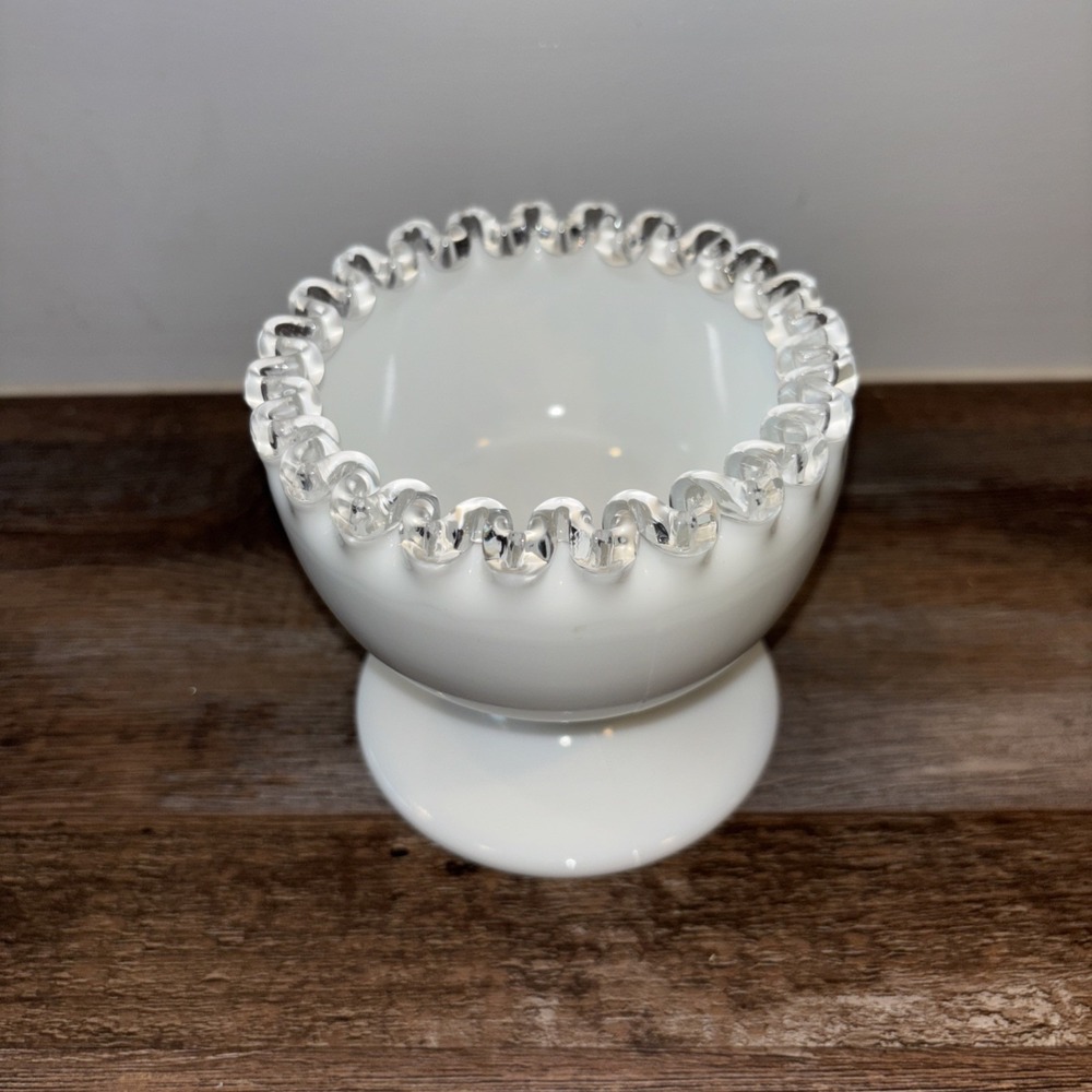 Vintage Fenton Milk Glass Silver Crest Clear Edge Bowl 4" Pedestal